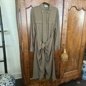 Elegant Vince Olive Maxi Shirt Dress with Waist Tie - Size L